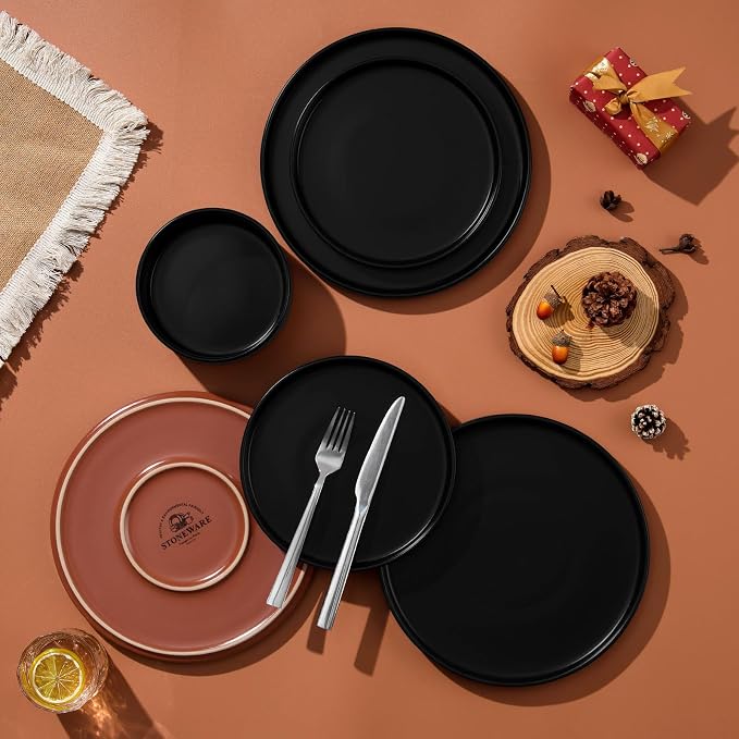 LIANYU 12 Pieces Porcelain Dinnerware Set, Dishes Set for 4, Charcoal Black | High-Fired Ceramic Plates and Bowls Set for 4, Chip & Scratch Resistant, Microwave Dishwasher Safe