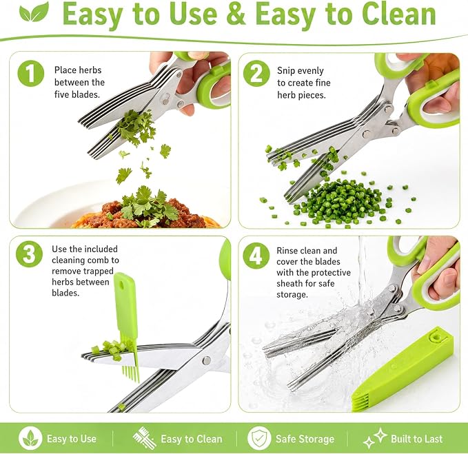 Herb Scissors, Kitchen Shears for Lettuce, Cilantro, Green Onion & Parsley | Must Have Kitchen Gadgets for Home, to Make Life Easier, Cilantro Salad Chopper Scissors, 5 Sharp Blades, Dishwasher Safe