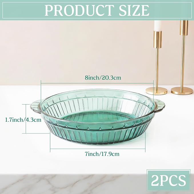 2 Pack Green Glass Pie Dish, 8 Inch Round Deep Plate, Tempered Glass Baking Dish, Non Toxic, Oven and Dishwasher Safe, Ideal for Baking Pies, Quiche and Desserts