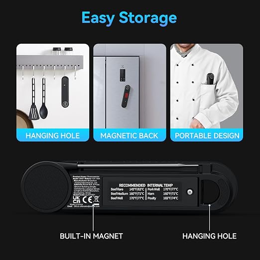 0.3s Instant Read Meat Thermometer, IP67 Waterproof (Black) | Rotating Display, Calibration Function, Ideal for Grill, BBQ, Frying and Kitchen Cooking