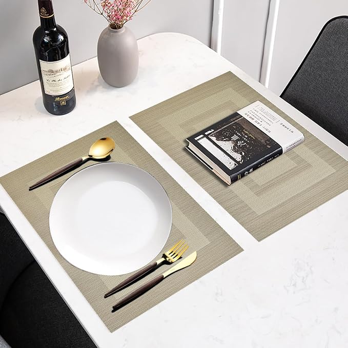 PIGCHCY Placemats Set of 8 Washable Durable Place Mats Vinyl Heat Resistant Non-Slip Table Mats Indoor Outdoor (18 x 12 inches, Beige)