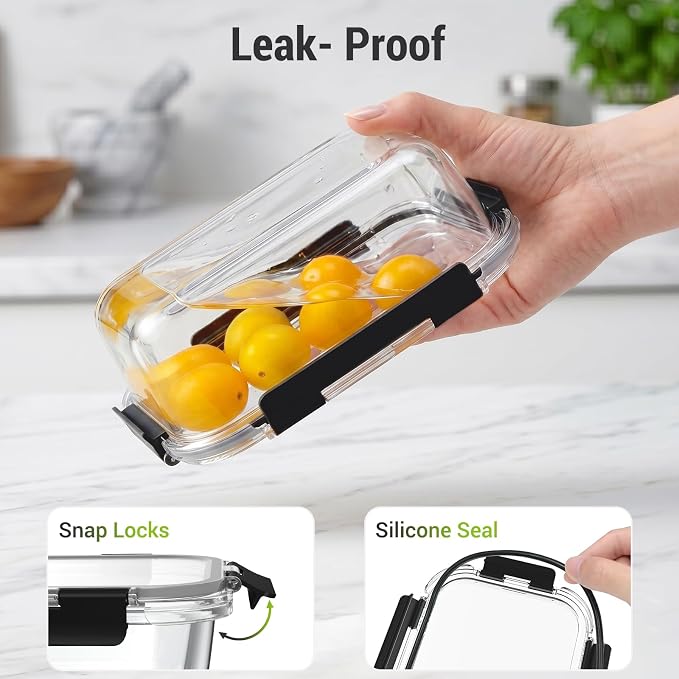 10 Sets 36 oz & 12 oz Glass Food Storage Containers with lids, Black | 20-Piece Airtight Leak-proof Glass Meal Prep Containers with Lids, Microwave Oven Freezer Dishwasher Safe