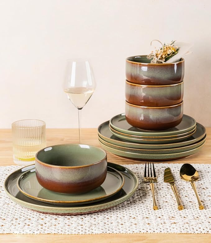 Ceramic Dinnerware Set for 4, 12-Piece Plates and Bowls Set | Handmade Reactive Glaze Dish Set, Scratch Resistant, Oven & Microwave & Dishwasher Safe, Sage Umber