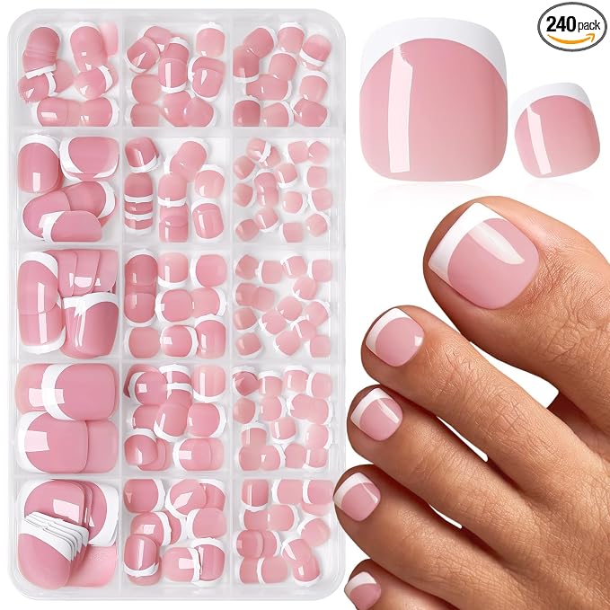 240pc White French Tip Press on Toenails for Women Pink Fake Toenails | French Fake Toe Nails Press ons Nail Square Glue on Toe Nails Acrylic Press on Toes Nails Tip Stick False Artificial Toenail