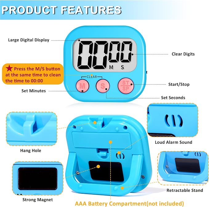 ZILLEEN Classroom Timer for Kids Teachers 2 Pack Digital Timers Blue Pink | Strong Magnetic, Large Screen, Big Button, Teacher Classroom Must Haves Kitchen Timers for Cooking Egg Exercise Study