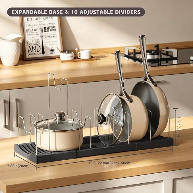Magheo 2 Pack Pots and Pans Organizer Under Cabinet, Expandable 12.6"-22.8" Kitchen Cabinet Organizer Holder with 10 Adjustable Dividers for Food Storage Container Lid, Cookie Sheet, Cookware(Black)