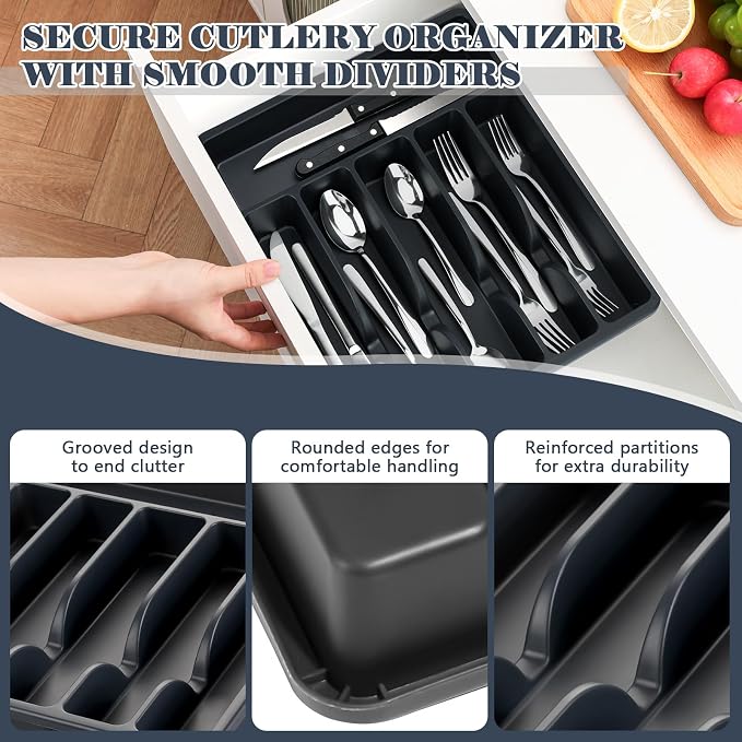 BEWOS 49 PCS Silverware Set - Stainless Steel Silverware Set with Organizer for 8, Flatware Set Included Steak Knives and Drawer Organizer, Mirror Polished, Dishwasher Safe