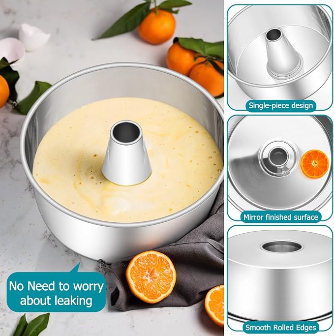 E-far 10-Inch Angel Food Cake Pan, Stainless Steel Tube Pan for Baking | Ideal for Pound Chiffon Cake, One-piece Design & Non-toxic, Dishwasher Safe