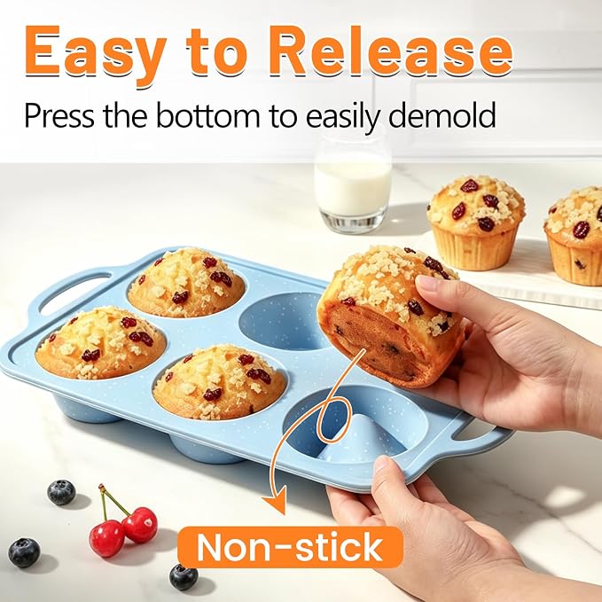 Jumbo Muffin Pan, Metal Reinforced Frame 3.5inch Jumbo Silicone Muffin Pan | 2 Pack, with Handle, BPA Free, Nonstick, Oven Dishwasher Safe, Food-Grade Silicone, Heat-resistant: -104°F to 446°F, 6-Cup