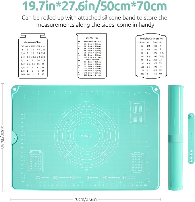 U-Taste Silicone Pastry Mat, Dough Rolling Baking Sheet, 28"x20", Aqua Sky | Food-Grade Liquid Silicone, Non-Stick Non-Slip, Baking Supplies for Pizza Cookie Pie Crust, Clear Measurement & Raised Edges