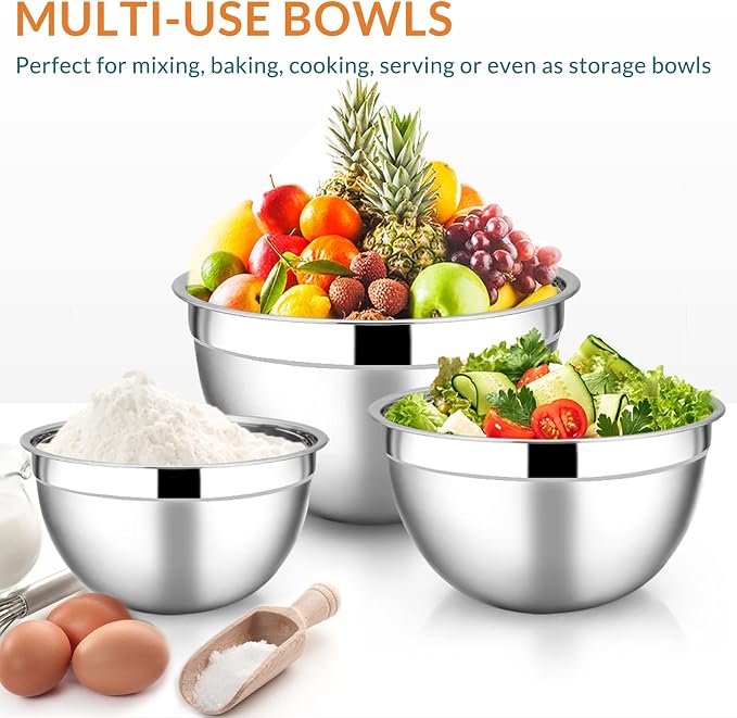 E-far Mixing Bowls with Teal Blue Lids Set of 5, Stainless Steel Mixing Bowls Metal Nesting Bowls with Airtight Covers for Cooking, Baking, Serving, Storage - Size 0.7/1/1.5/3/4.6QT - Dishwasher Safe