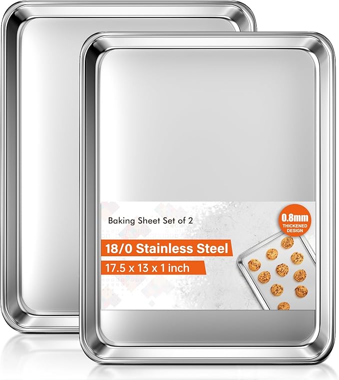 Baking Sheet Set of 2, Commercial Grade Stainless Steel Cookie Sheets for Baking, 18 x 13 Inch Thicker Large Baking Pans Oven Tray, Warp Resistant Nonstick Half Sheet Pan, Nontoxic & Heavy Duty