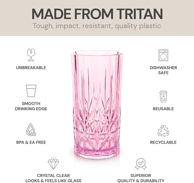 BELLAFORTE Shatterproof Tritan Tall Tumbler, Set of 4, 18oz - Myrtle Beach Drinking Glasses - Unbreakable Plastic Drinking Glasses for Gifting, Parties, New Year - BPA Free - Dishwasher Safe - Pink
