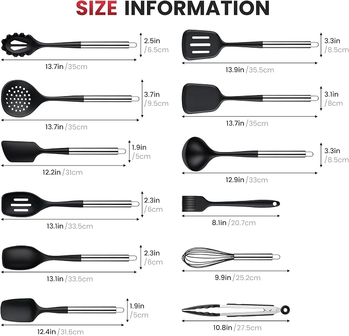 12PCS Silicone Kitchen Utensil Set, Stainless Steel Handled Cooking Tools | Spatula Turner Spoon Ladle Set | BPA Free | Heat Resistant & Non-Scratch for Nonstick Cookware | Dishwasher Safe | Black