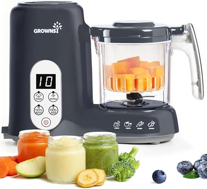 Grownsy Baby Food Maker, Steamer & Blender Baby Food Processor, Dark Grey | BPA-Free Elevated Steam Basket, Healthy Homemade Baby Food Purees, Starting Solids & BLW, Baby Feeding Essentials, 6+ Months