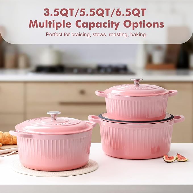 SENSARTE Enameled Cast Iron Dutch Oven Pot with Lid 3.5/5.5/6.5 Quart Heavy-Duty Round Dual Handles Kitchen Pot with Cotton Potholders & Silicone Trivet, Pot for Bread Baking, Stews, Braising, Roasting, Oven Safe, 5.5 Quart, Pink