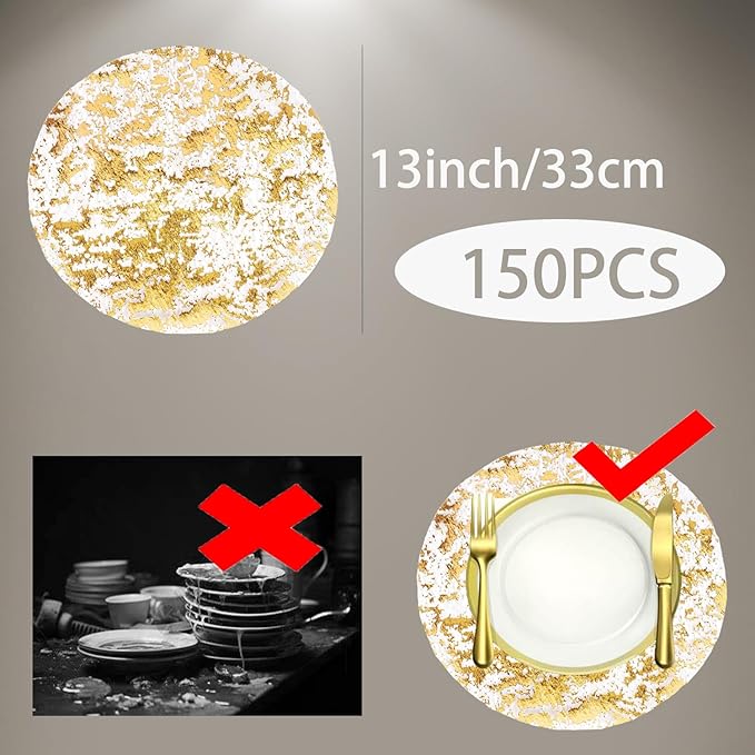 150PCS Gold Foil Placemats Disposable - 13 Inch Round Metallic Table Runner Set, Pressed Paper Doilies for Wedding Birthday Party Christmas Dining Decor (Golden Chargers Style)