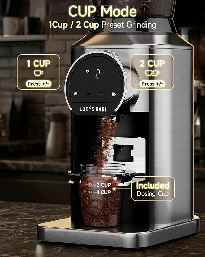 Conical Burr Coffee Grinder with 40mm Stainless Steel Burr, 34 Grind Settings & Anti-Static, Electric Espresso Grinder for Home Use –Perfect for Espresso, Drip Coffee, French Press & Cold Brew, Silver