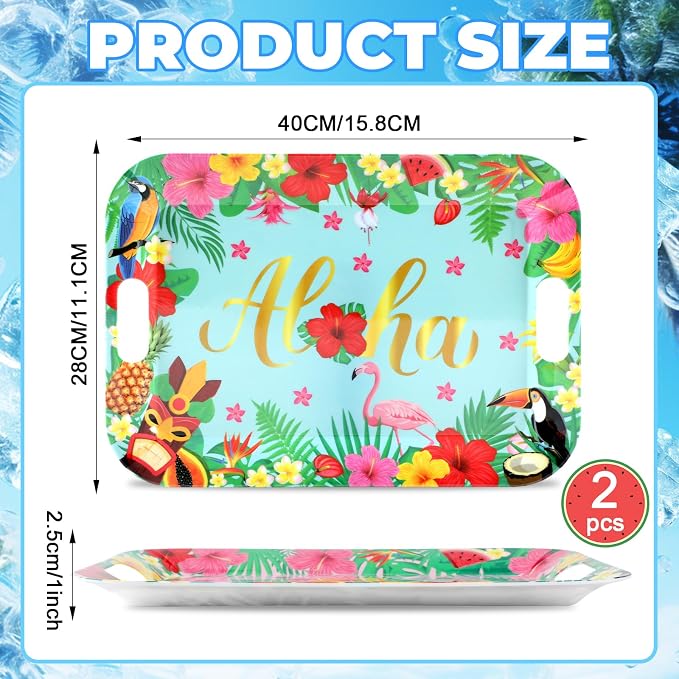 gisgfim 2PCS Summer Floral Serving Trays with Handles 16 X 11inch Large Melamine Tray Rectangular Hawaiian Luau Serving Platter Aloha Tropical Tray Melamine Dishes for Serving Food Outdoor Party Plate
