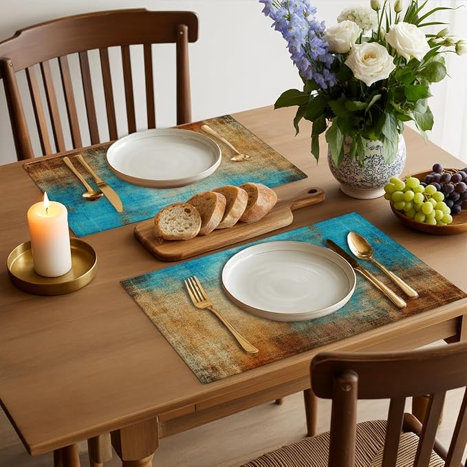 Farmhouse Placemats Set of 4, Outdoor Party Kitchen Table placemats Decor | Blue and Orange Vintage Abstract Messy Rust Painting Table Mats for Dining Decor, Washable Non-Slip Heat Resistant Place Mats