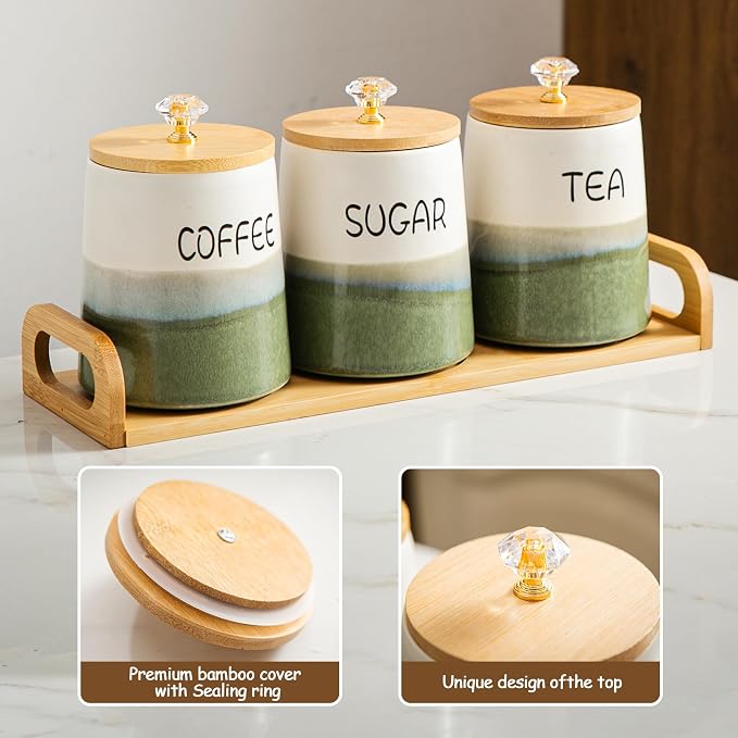 Kimdio Ceramic Canisters Set with Airtight Lids, 22 oz Coffee Canisters Sets for the Kitchen, Large Jars for Flour, Sugar, Pasta, Coffee, Cookies, Tea - Set of 3 - Green and White