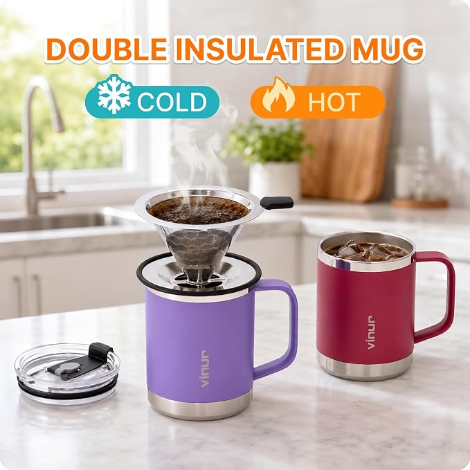 Pour Over Coffee Maker-12 oz Insulated Mug with Stainless Steel Filter | Stainless Steel Vacuum Insulated Coffee Maker With Stainless Steel Filter for Home, Camping, Gift for Men & Women (Purple)