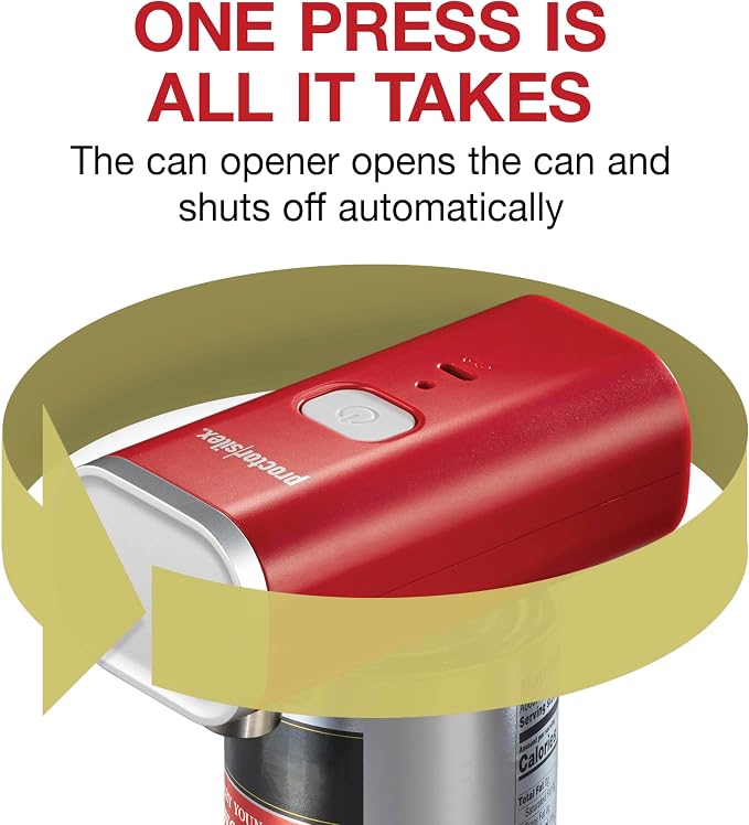 Proctor Silex Hands-Free Cordless USB Rechargeable Electric Can Opener | Automatic Shutoff | Self-Aligning | Smooth Touch Lid Edges | Compact & Easy to Store | Red | 76505
