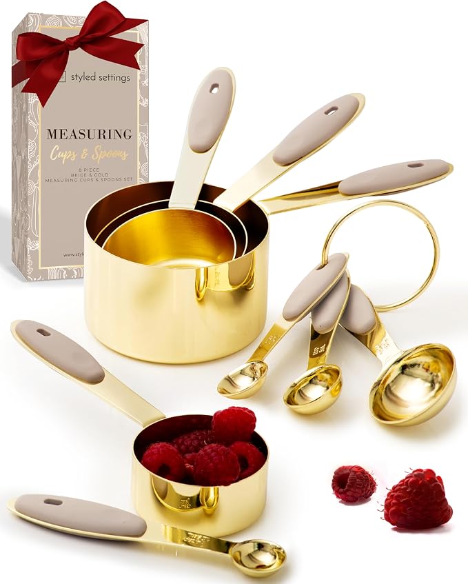 Styled Settings Gold Measuring Cups and Spoons Set, 8-Piece | Stainless Steel, 8-Piece Brass Measuring Set with Beige Silicone, Stackable, Gold Kitchen Accessories for Baking & Cooking