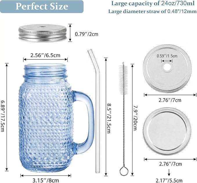 DaYammi 6 Pack 24oz Hobnail Mason Jars Cups Drinking Glass Cups with Lids & Straws, Blue Wide Mouth Mason Jars Cups with Handle, Tumblers for Coffee Smoothies, Iced Tea, Juice, Beer, Cocktail, Whiskey