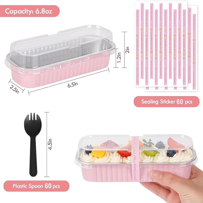 YQER 60 Pack Mini Cake Pans with Lids and Spoons, 6.8 oz Pink Disposable Aluminum Foil Mini Loaf Pans with Stickers, Individual Small Dessert Cake Tins Containers for Baby Showers, Birthdays, Gifts