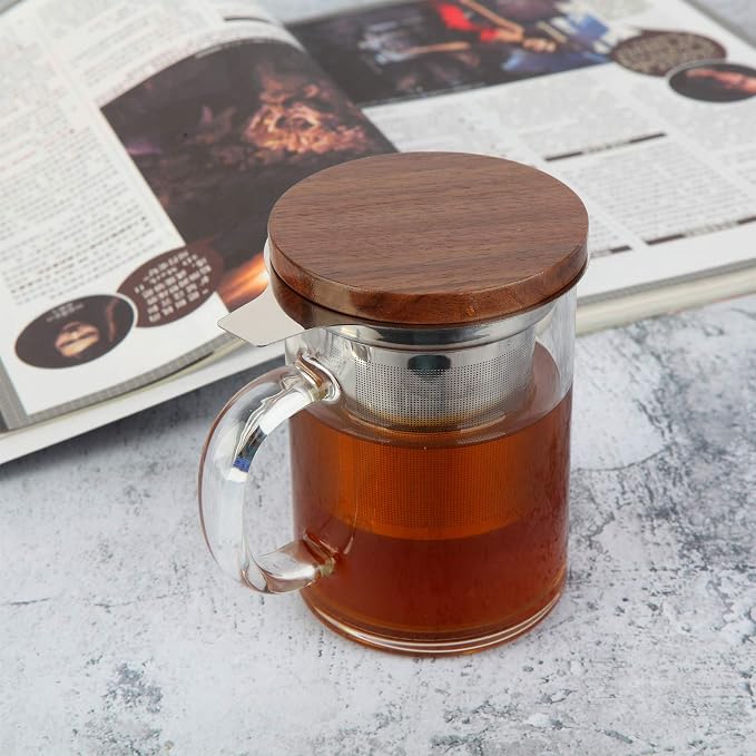 Tea Cup with Infuser Walnut Lid&Handle, Glass Tea Cups with Wide Mouth Extra Large Capacity, Stainless Steel Tea Infuser Mug for Loose Leaf Tea Steeping(14oz/400ml)