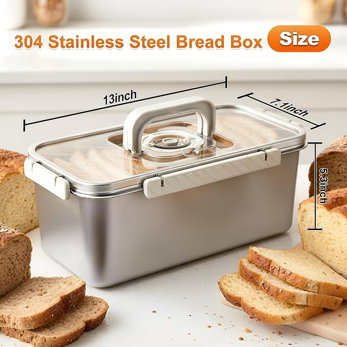 ANYPROLUS Bread Box Stainless Steel Bread Storage for Homemade Bread, Dishwasher Safe Bread Containers Storage Airtight Loaf, Airtight Bread Storage Container with Lid and Handle