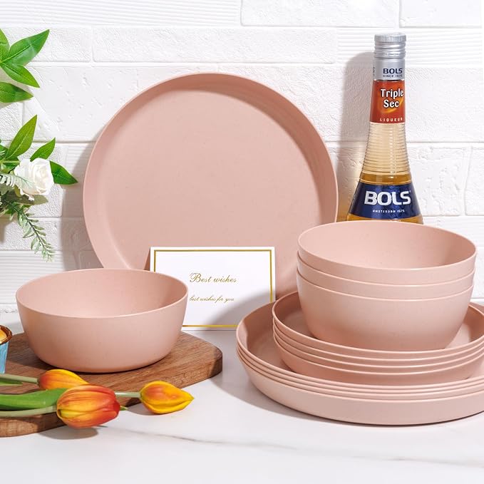 EjonirInjonir 12pcs Pink Wheat Straw Dinnerware Set for Family/Dorm | Eco-Friendly,Reusable Pink Dishes & Wheat Straw Plates.Deep Plates and Bowls Sets for Family Picnic, RV, and Camping.