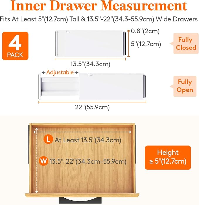 Lifewit 5" Tall Upgrade Drawer Dividers, Adjustable Deep Drawer Organizer | 13.5"-22" Expandable White Drawer Separator for Clothes, Dresser/Kitchen/Closet/Bedroom/Office Organization & Storage, 4 Pack