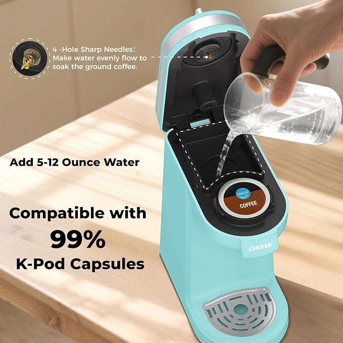 CHULUX Mini Coffee Maker for K Capsule, Single Serve Coffee Maker for One Cup Americano, Lightweight Pod Coffee Machine, Aqua | Fast-Heating Boiler System, Single Cup Brewing, Portable Compact Design, Four-Hole Multi-Stream Needle, Adjustable Drip Tray
