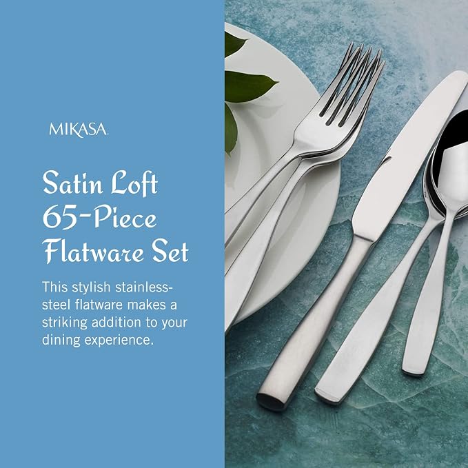 Mikasa Satin Loft 65-Piece Flatware Set for 12,18/10 Stainless Steel Silverware with Forks,Knives,Spoons,and Serving Utensils,Durable and Elegant Design,(Pack of 2)