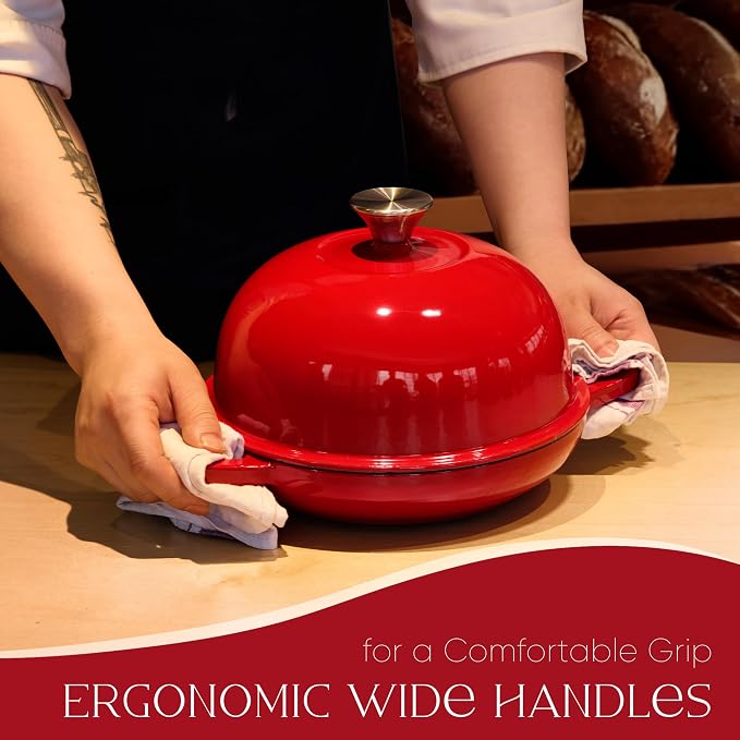 CAROTE 5QT Enameled Cast Iron Dutch Oven, Red Round Bread Oven | Homemade Sourdough Bread Baking, Healthy & Non-Toxic, Dual Handles, All Stovetop Compatible, Oven Safe up to 500° F