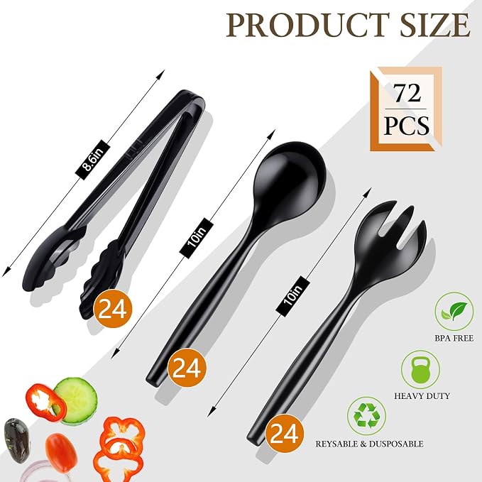 Mwellewm 72Pcs Plastic Serving Utensils Set 10 inch Disposable Serving Spoons Forks Tongs for Serving Food Large Heavy Duty Black Large Party Utensils Supplies for Buffet Restaurant Dinner Salad Soup