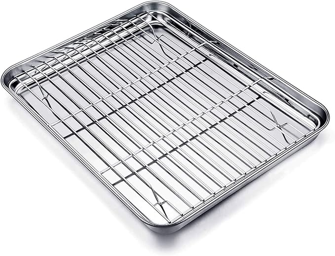 TeamFar Baking Sheet with Cooling Rack Set, 12.5 x 9.5 x 1 inch | Stainless Steel Baking Pan Tray Cookie Sheet with Baking Rack, Non Toxic & Healthy, Mirror Finish & Dishwasher Safe