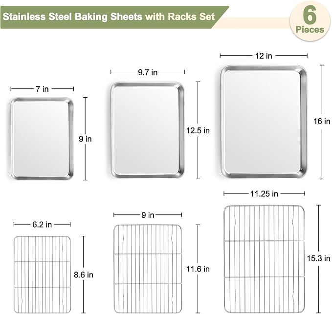 TeamFar Baking Sheet with Rack Set, 3 Pans + 3 Racks, 16/12.5/9 Inch | Stainless Steel Cookie Sheets Baking Pans Trays and Cooling Racks for Cooking, Non-Toxic & Heavy Duty, Dishwasher Safe