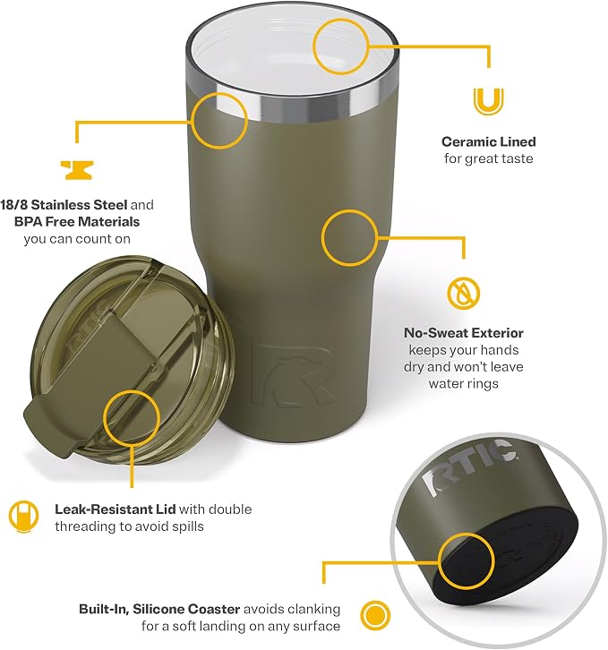 RTIC 20oz Essential Tumbler with Lid, Ceramic Lined, Olive | Insulated, Stainless Steel Metal, Portable Travel Cup for Hot and Cold Drinks, Coffee, Car, Camping and Travel