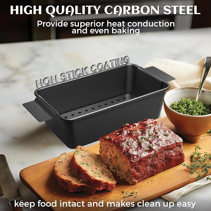 TLAZZ 2 Pack Meatloaf Pan with Drain Tray for Pound Cake Bacon Meatloaf | 9.4 x 5.5 Inch Non Stick Meat Loaf Pan features wide handles with a removable perforated drain tray for any kitchen