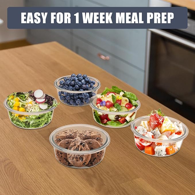 6 Pack 13oz Small Round Glass Meal Prep Containers with Airtight Lids | Perfect for Small Portions, Glass Food Storage Containers with Lids, Freezer to Microwave Safe, Dishwasher Safe