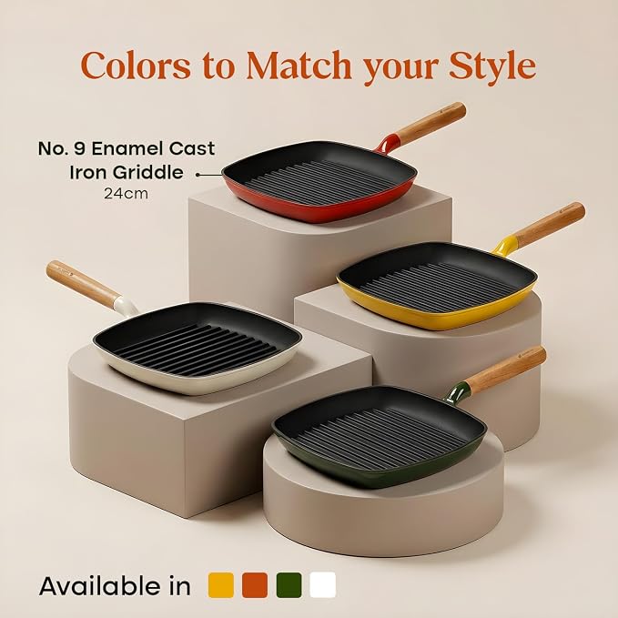 CUMIN CO. Enameled Cast Iron Grill Pan 10 Inch, 1.2 QT Grill Skillet – Non Toxic PFAS Free Cookware – Indoor Grill Pan for Steak, Chicken, Burgers & Vegetables – Induction & Oven Safe (Color: Rust)