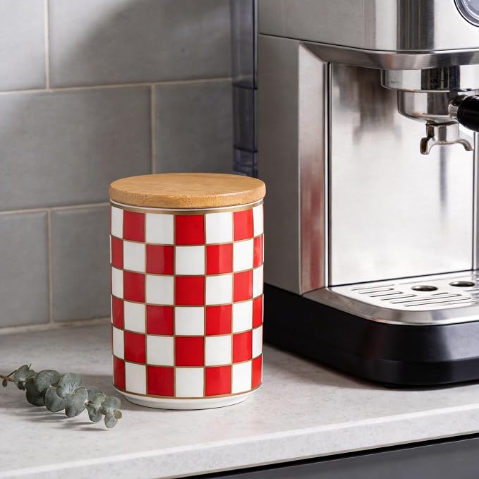 Kitchen Countertop Ceramic Checkered Canisters,Black And White Food Storage Containers With Lid,Airtight Kitchen Canisters for Flour, Sugar, Coffee, Tea, and Dry Goods (Red, Small)