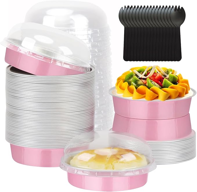 LNYZQUS 8oz Mini Pie Tins with Lids 50 Pack, 4 Inch Individual Cake Pans | Foil Disposable, Small Cake Tins, Mini Pie Containers, for Bake Sale Baking and Packaging, Round Pink
