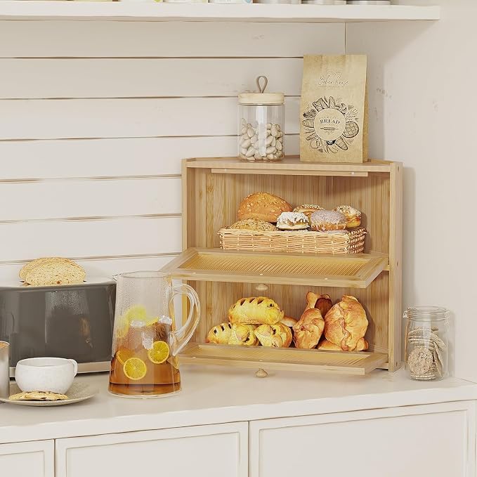 BAMBANG Corner Bread Box for Kitchen Countertop, Double Layer Bamboo Bread Storage Container with Wavy Windows, Farmhouse Large Bread Bin, Wooden Breadbox Holder for Homemade Bread (Natural)