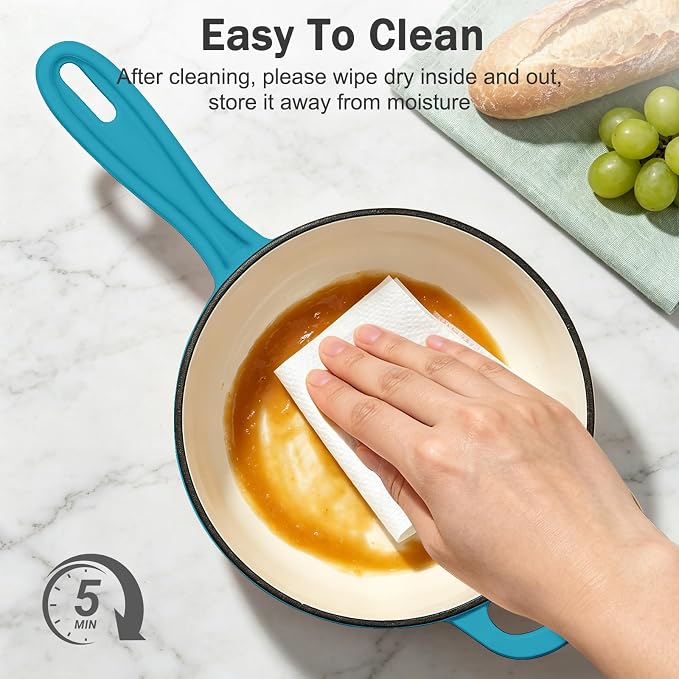 Enameled Cast Iron Sauce Pan with Lid, 1 Quart Saucepan with Lid | Dutch Oven with Lid, Small Cast Iron Pot for Cooking Pasta, Soup, Milk, Induction & Oven Safe Up to 500°F, Blue-green