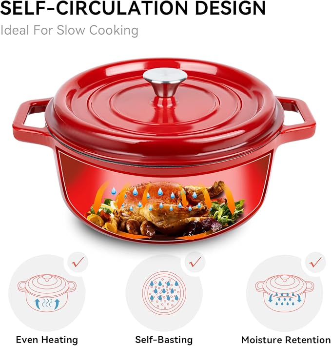Miereirl 6.5 Quart Enameled Dutch Oven Pot with Lid, Cast Iron Dutch Oven with Dual Handles for Bread Baking, Cooking, Non-stick Enamel Coated Cookware (Red)