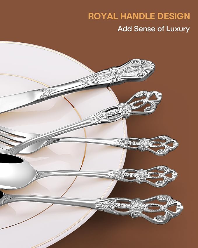 EUIRIO 48 Pieces Royal Silverware Set for 8, Gorgeous Retro Flatware Set with Steak Knives, Premium Stainless Steel Vintage Cutlery Utensils Set with Forks Spoons and Knives, Dishwasher Safe
